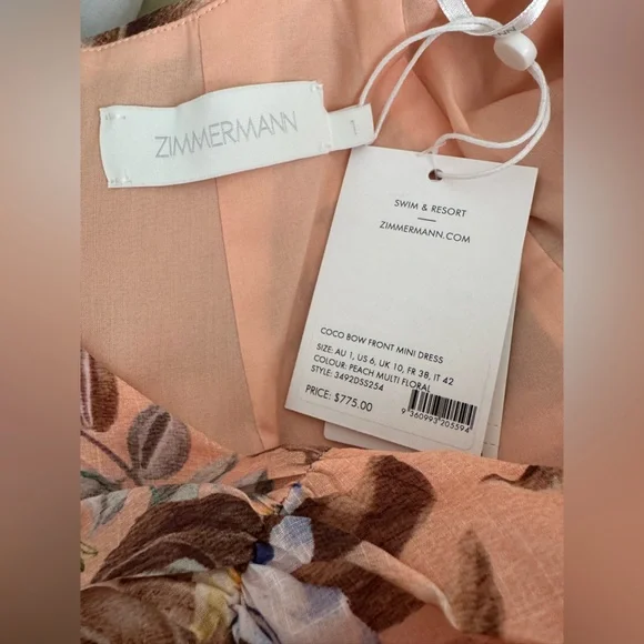 Zimmermann Coco Floral Print Bow Detail Mini Dress Peach Multi Various Size - Picture 16 of 16